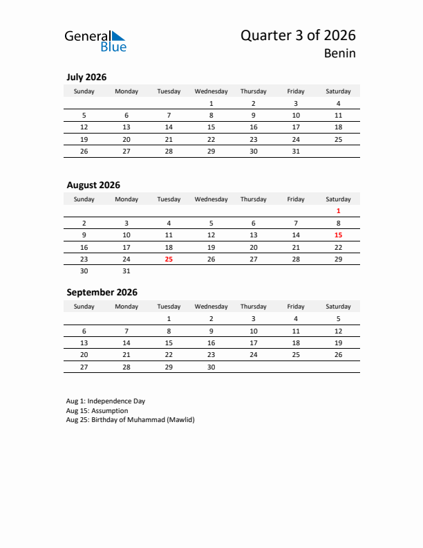 2026 Q3 Three-Month Calendar for Benin