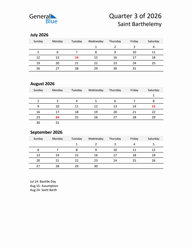 2026 Q3 Three-Month Calendar for Saint Barthelemy