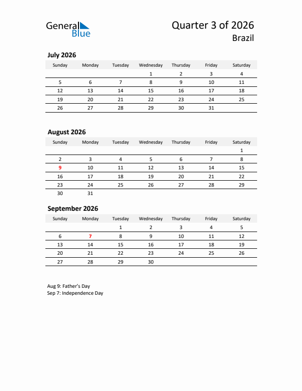 2026 Q3 Three-Month Calendar for Brazil