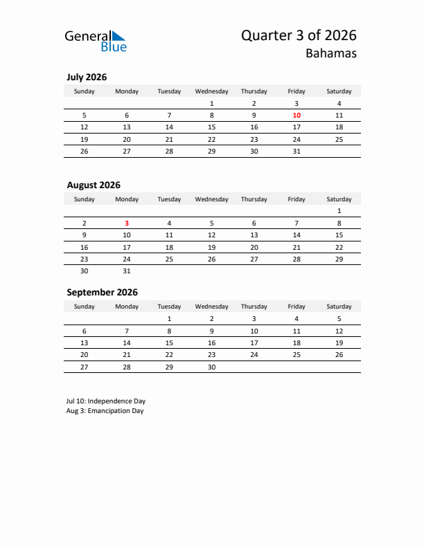 2026 Q3 Three-Month Calendar for Bahamas