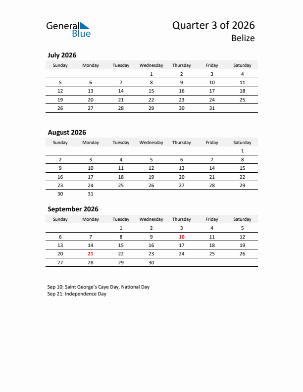 2026 Q3 Three-Month Calendar for Belize