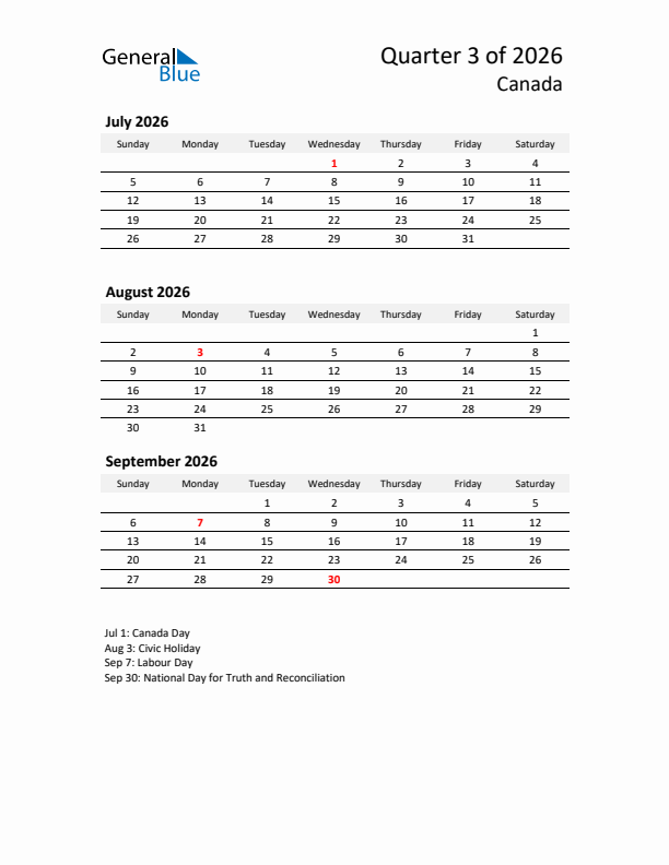 2026 Q3 Three-Month Calendar for Canada