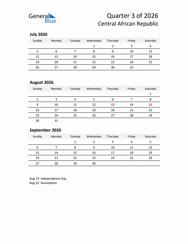 2026 Q3 Three-Month Calendar for Central African Republic