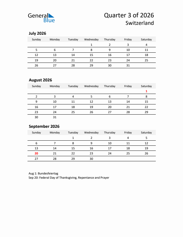 2026 Q3 Three-Month Calendar for Switzerland