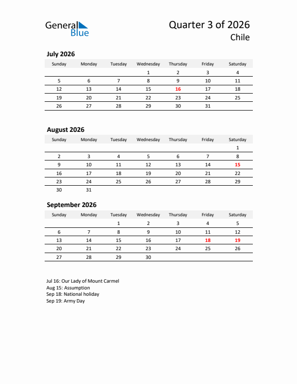 2026 Q3 Three-Month Calendar for Chile