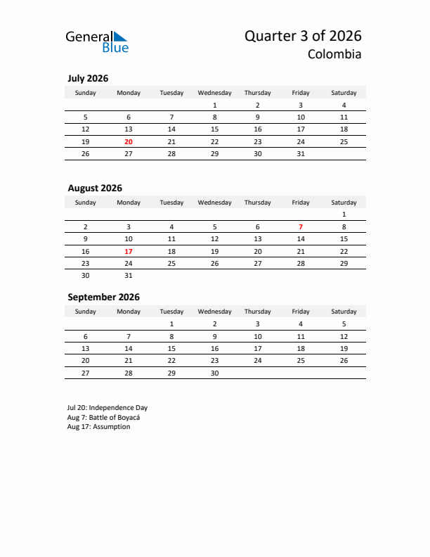 2026 Q3 Three-Month Calendar for Colombia