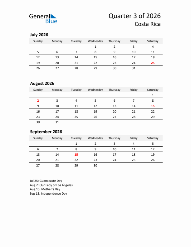 2026 Q3 Three-Month Calendar for Costa Rica