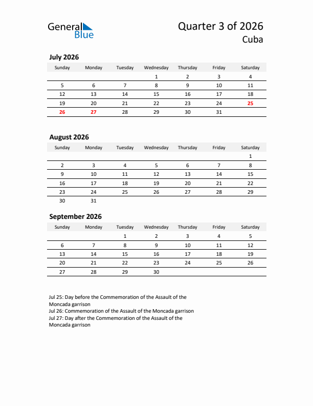 2026 Q3 Three-Month Calendar for Cuba