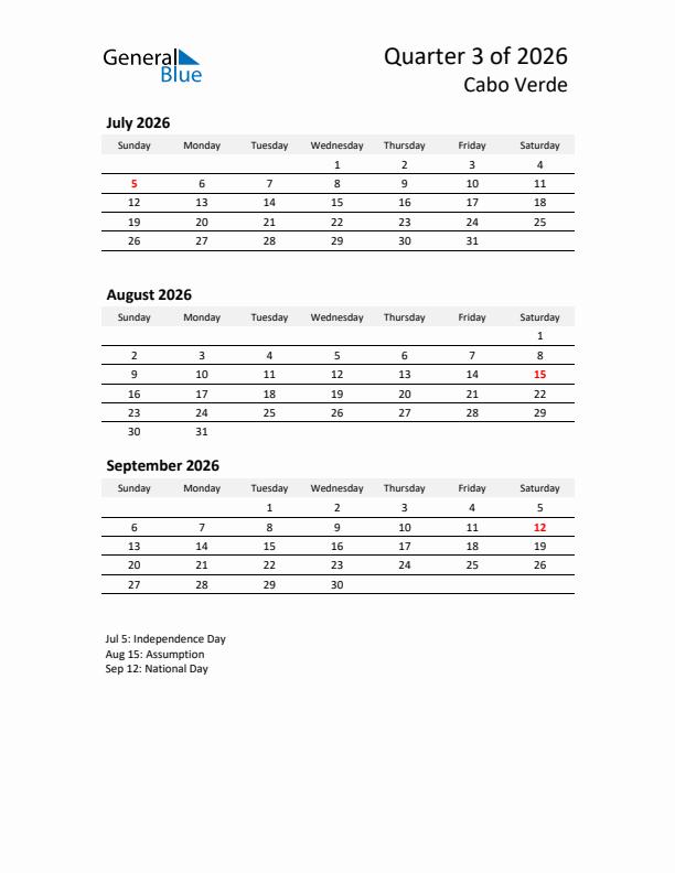 2026 Q3 Three-Month Calendar for Cabo Verde