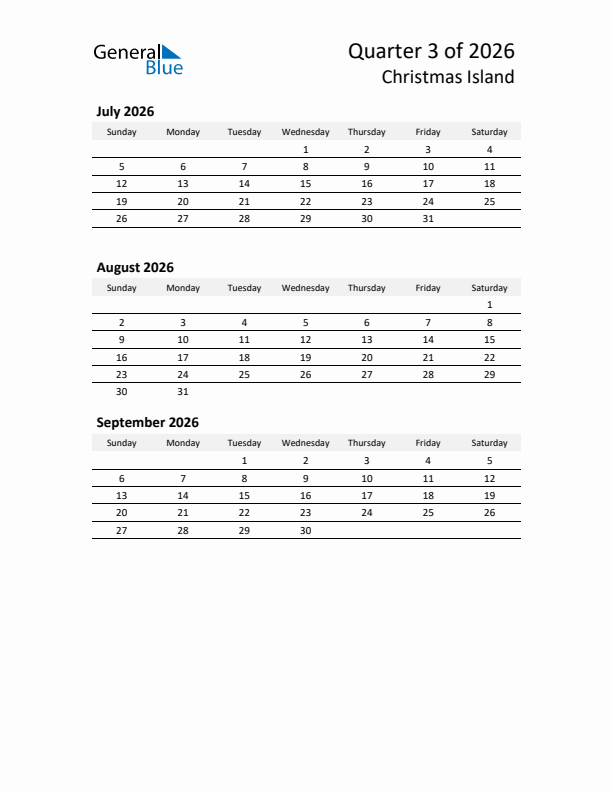 2026 Q3 Three-Month Calendar for Christmas Island