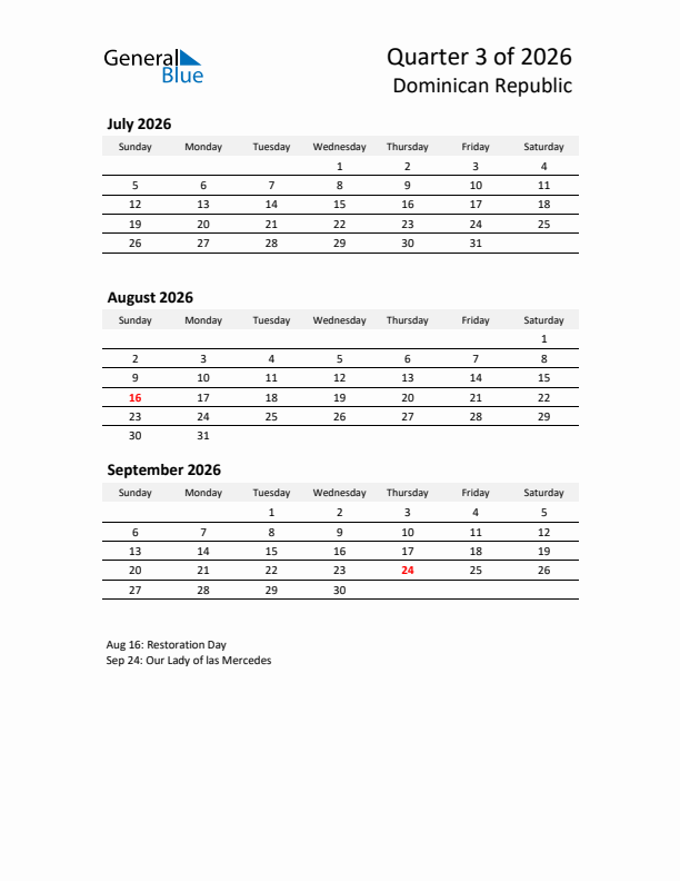 2026 Q3 Three-Month Calendar for Dominican Republic