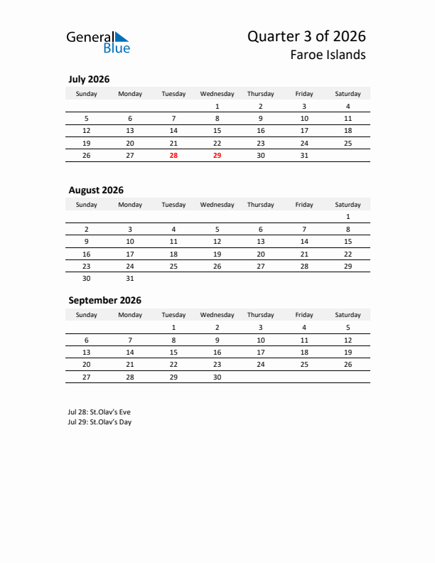 2026 Q3 Three-Month Calendar for Faroe Islands