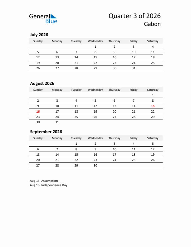 2026 Q3 Three-Month Calendar for Gabon