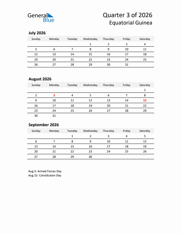 2026 Q3 Three-Month Calendar for Equatorial Guinea