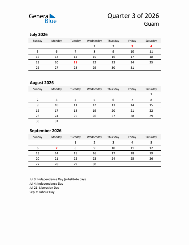 2026 Q3 Three-Month Calendar for Guam