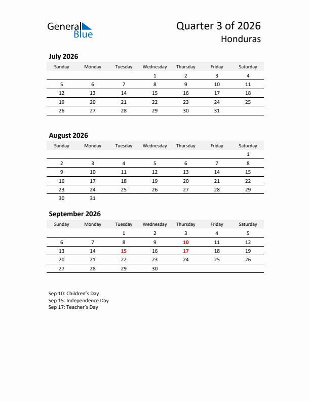 2026 Q3 Three-Month Calendar for Honduras