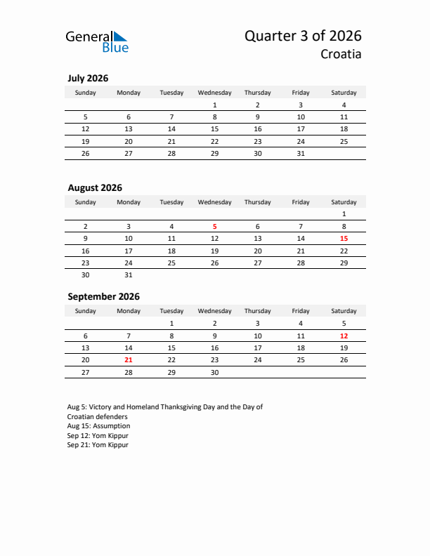 2026 Q3 Three-Month Calendar for Croatia