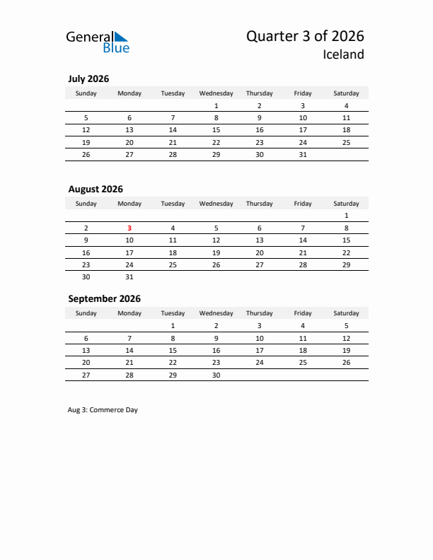 2026 Q3 Three-Month Calendar for Iceland