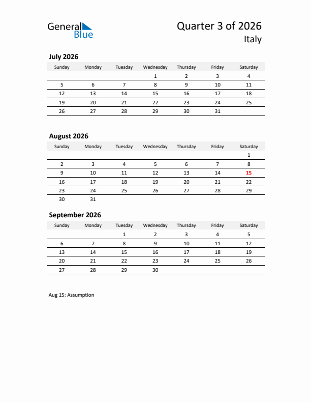 2026 Q3 Three-Month Calendar for Italy