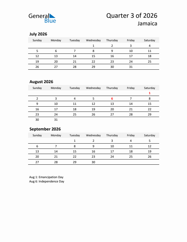 2026 Q3 Three-Month Calendar for Jamaica