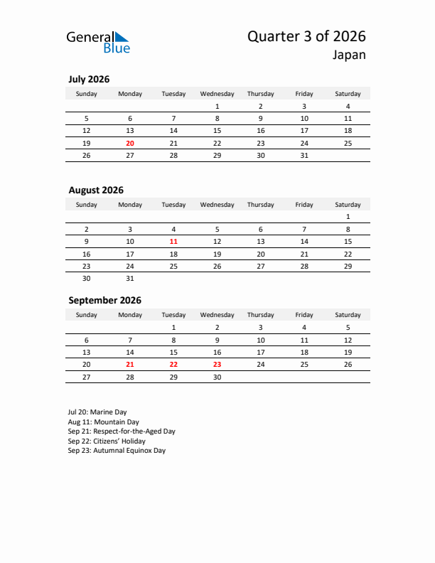 2026 Q3 Three-Month Calendar for Japan