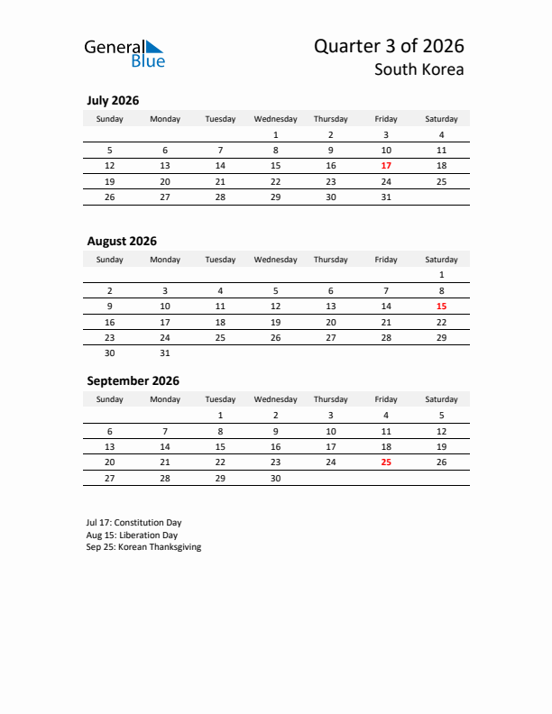 2026 Q3 Three-Month Calendar for South Korea