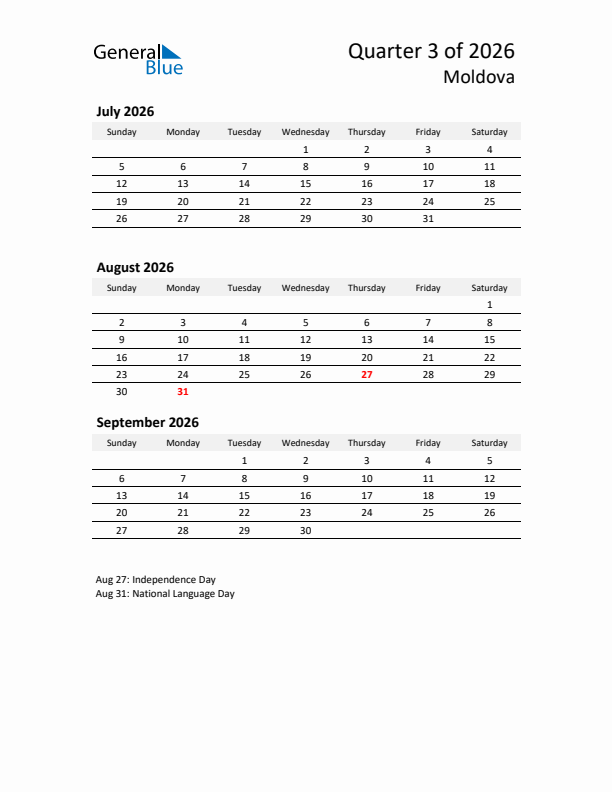 2026 Q3 Three-Month Calendar for Moldova