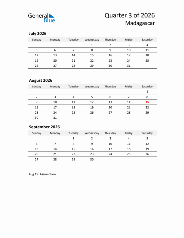 2026 Q3 Three-Month Calendar for Madagascar