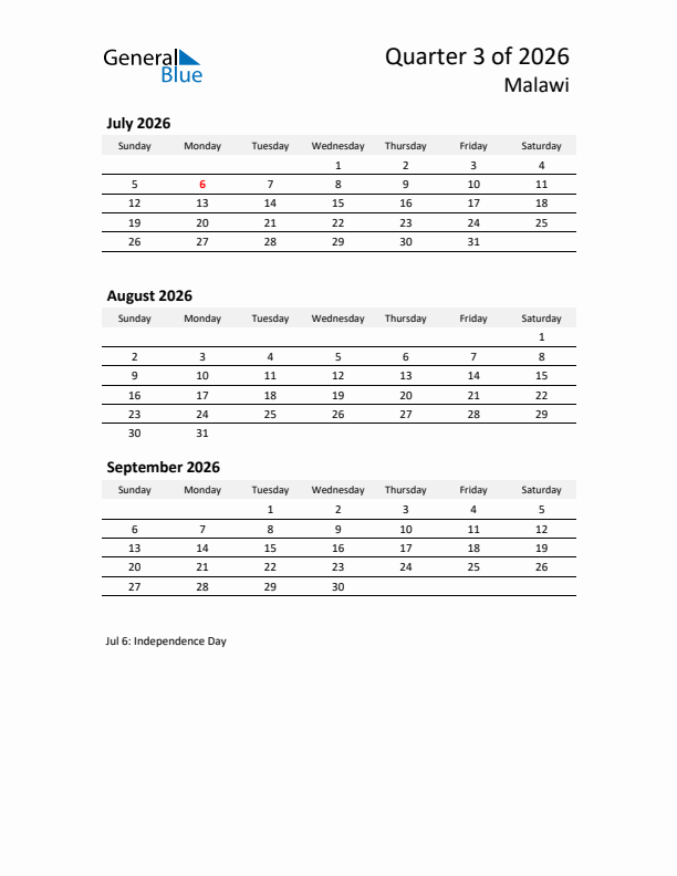 2026 Q3 Three-Month Calendar for Malawi