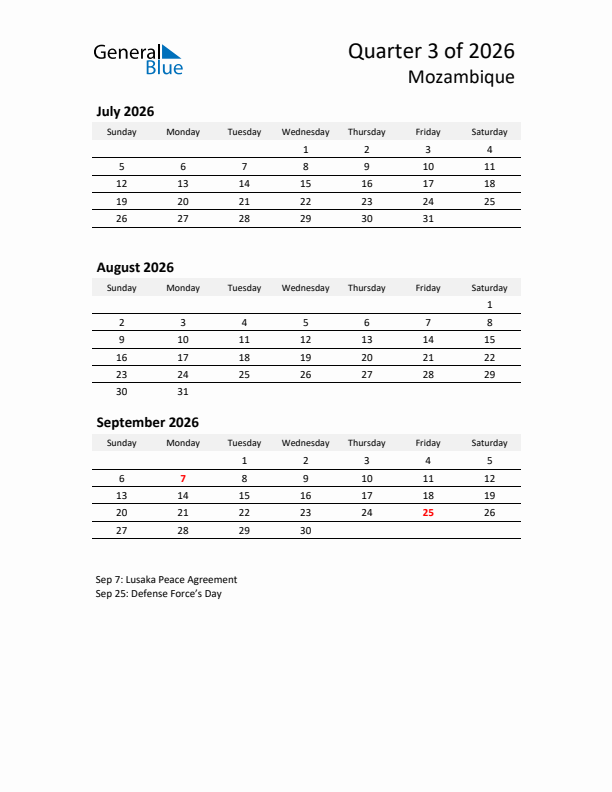 2026 Q3 Three-Month Calendar for Mozambique