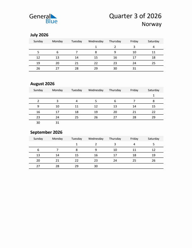 2026 Q3 Three-Month Calendar for Norway