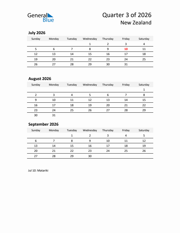 2026 Q3 Three-Month Calendar for New Zealand