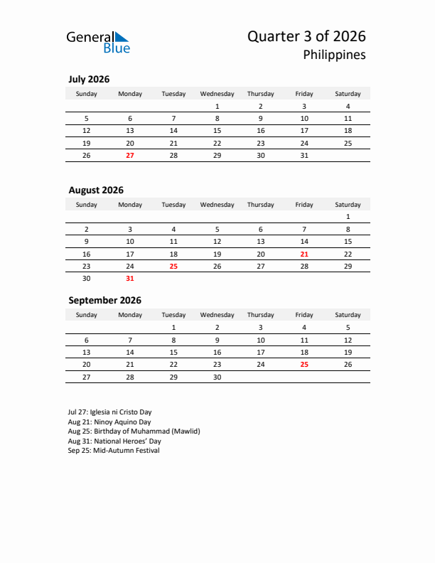 2026 Q3 Three-Month Calendar for Philippines