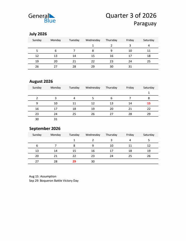 2026 Q3 Three-Month Calendar for Paraguay