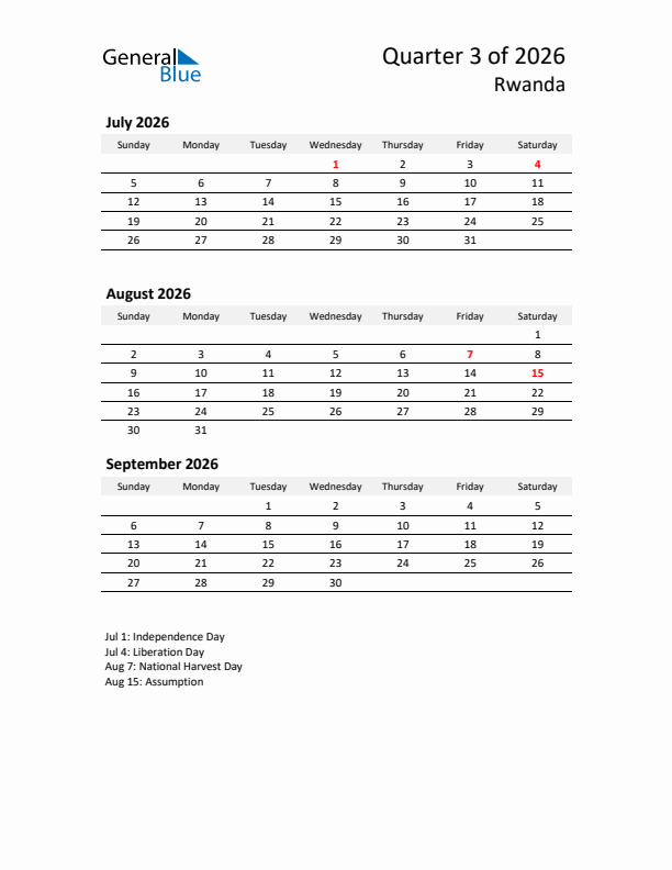 2026 Q3 Three-Month Calendar for Rwanda