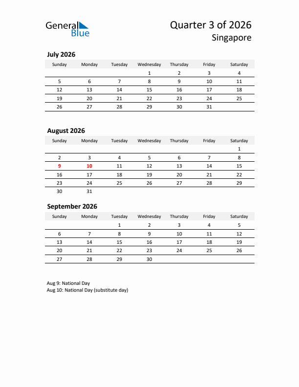 2026 Q3 Three-Month Calendar for Singapore