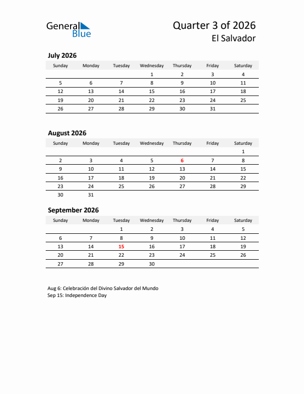 2026 Q3 Three-Month Calendar for El Salvador