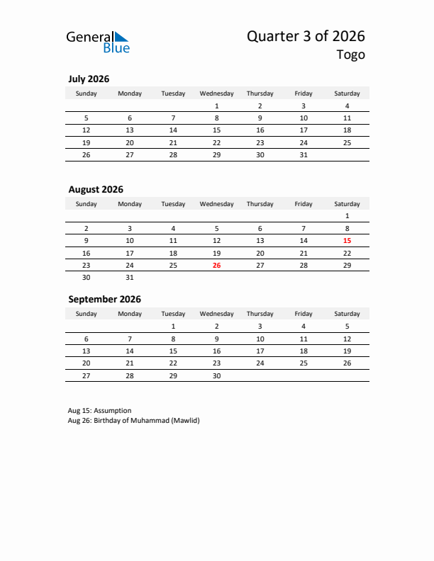 2026 Q3 Three-Month Calendar for Togo