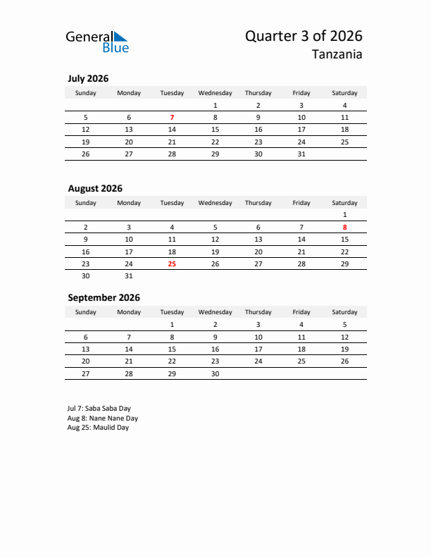 2026 Q3 Three-Month Calendar for Tanzania