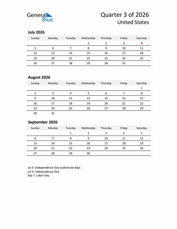 2026 Q3 Three-Month Calendar for United States