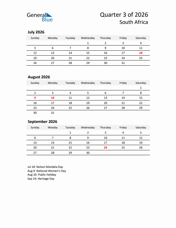 2026 Q3 Three-Month Calendar for South Africa