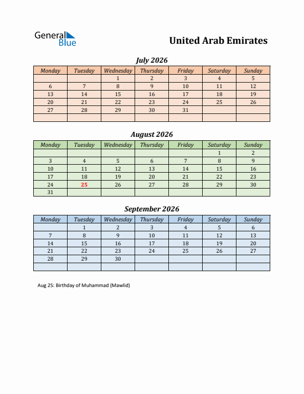 Q3 2026 Holiday Calendar - United Arab Emirates