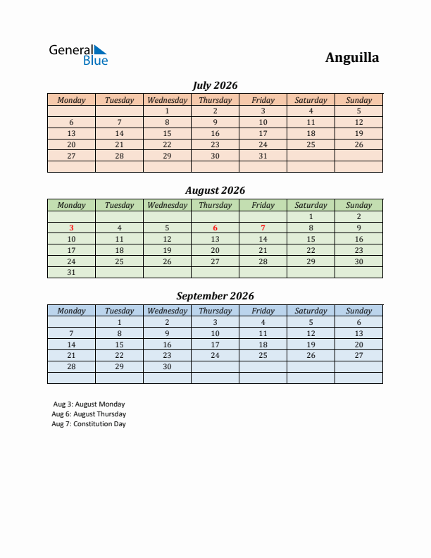 Q3 2026 Holiday Calendar - Anguilla