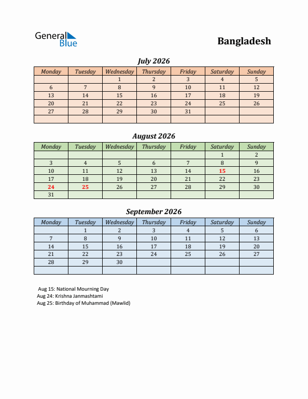 Q3 2026 Holiday Calendar - Bangladesh