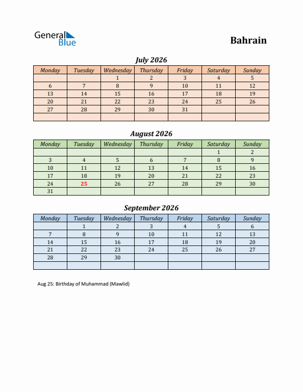 Q3 2026 Holiday Calendar - Bahrain