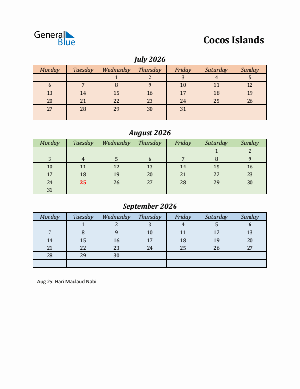 Q3 2026 Holiday Calendar - Cocos Islands