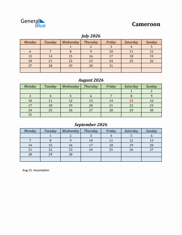 Q3 2026 Holiday Calendar - Cameroon