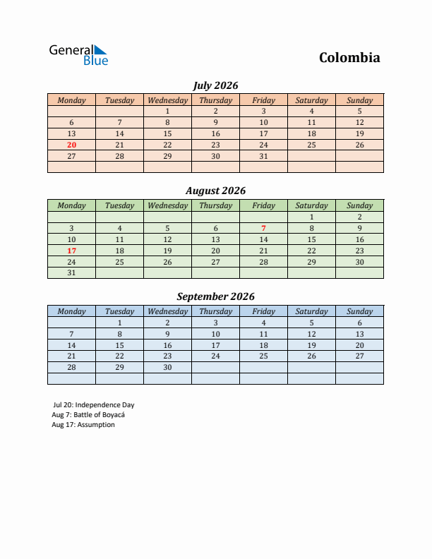 Q3 2026 Holiday Calendar - Colombia