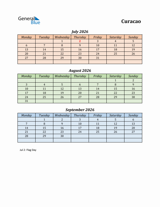 Q3 2026 Holiday Calendar - Curacao