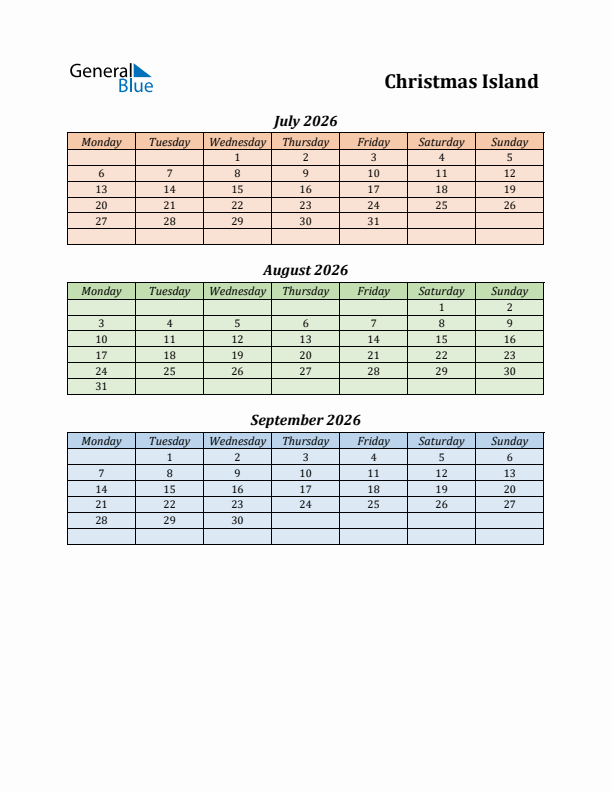 Q3 2026 Holiday Calendar - Christmas Island